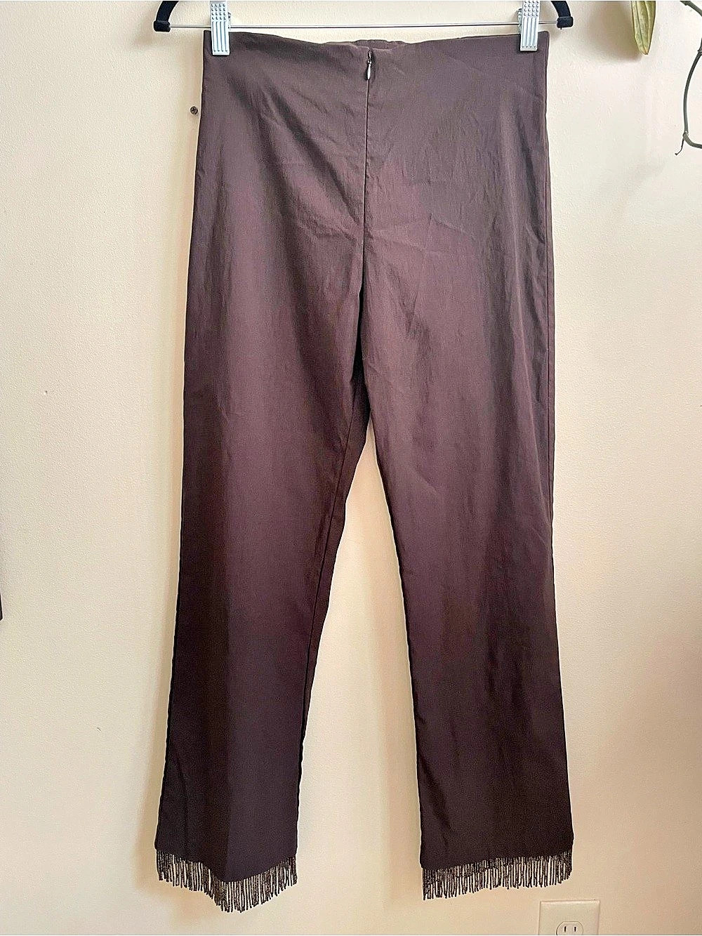 90s CACHE Beaded Fringe Hem Straight Leg Pants Brown Size Large